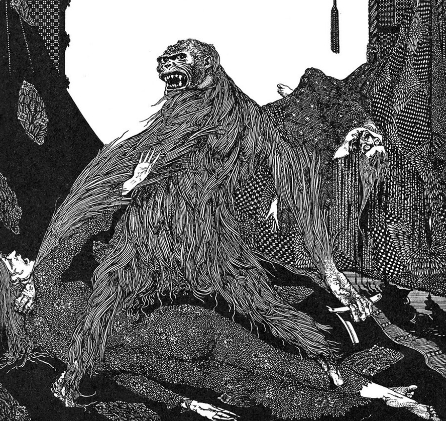 Harry Clarke's illustration for Edgar Alan Poe's Murders in the Rue Morgue featuring an "Ourang-Outang" with a straight razor standing over a prone woman.
