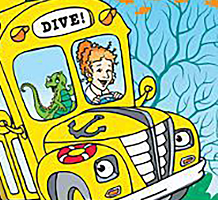 Ms. Frizzle and Liz the Chameleon onboard the Magic School Bus