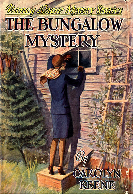 1930 book cover from the Nancy Drew Mystery Stories series The Bungalow Mystery showing the young detective peering through window